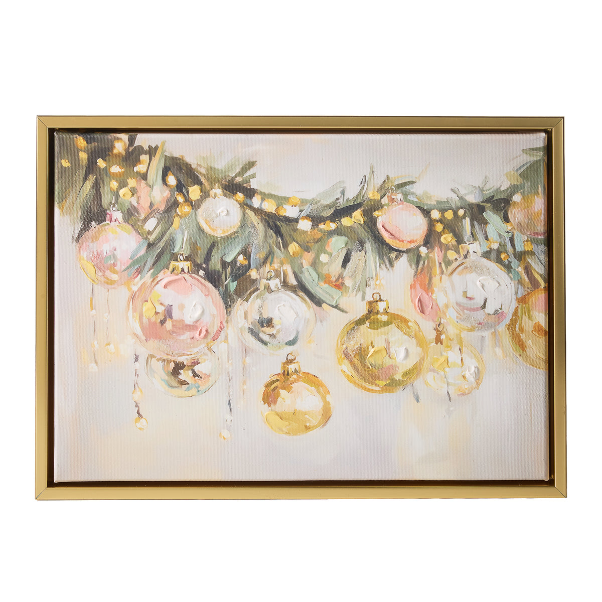 Framed artwork of Christmas ornaments and greenery in a gold frame shown on a white background