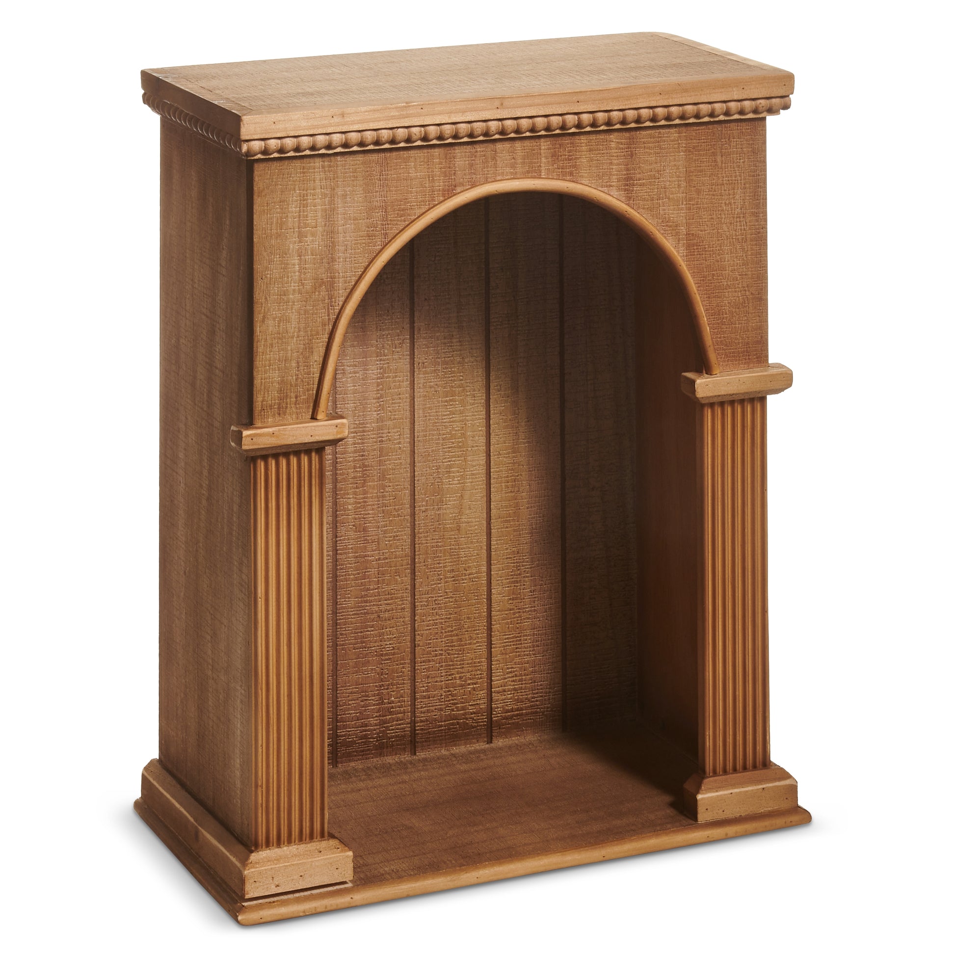 16" tall wood curio box featuring beaded upper trim, arched top opening, and roman column