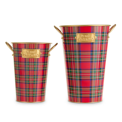 2 traditional plaid buckers of different sizes with gold accents against a white background