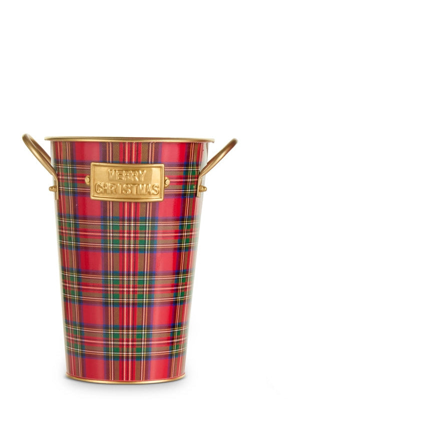 smaller red plaid bucket with gold handles and 'Merry Christmas' tags on a white background
