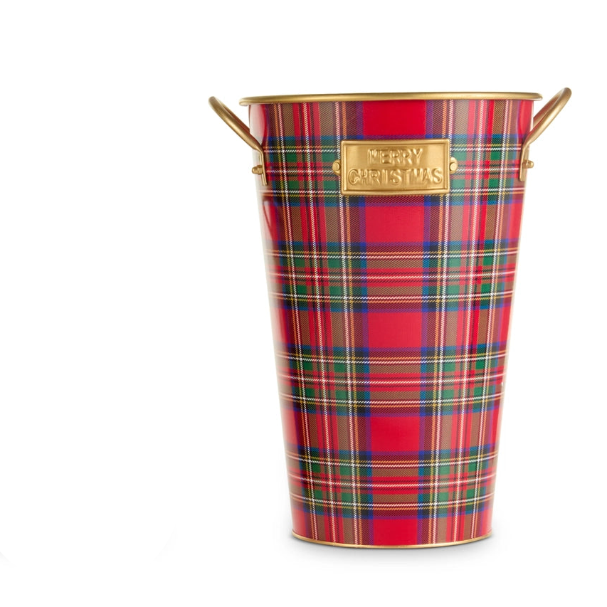 larger red plaid buckets with gold handles and 'Merry Christmas' tags on a white background