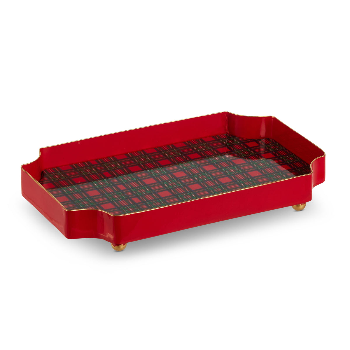 rectangle red tartan tray with small gold ball feet and convex corners