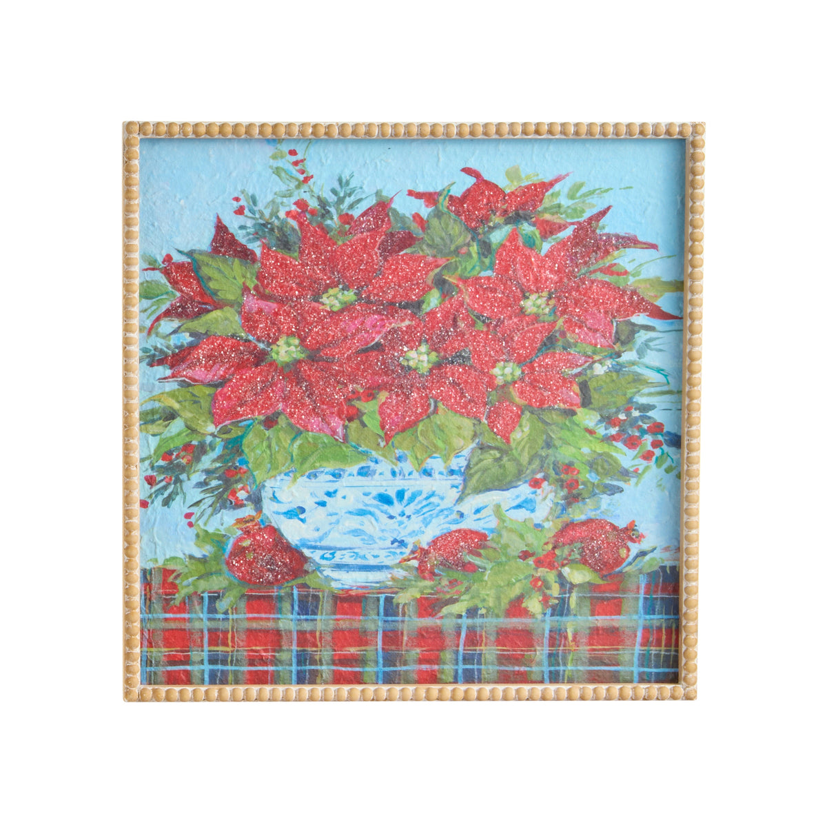 artwork depicting a poinsettia arrangement in a blue and white vessel set on a red, green, and blue plaid base