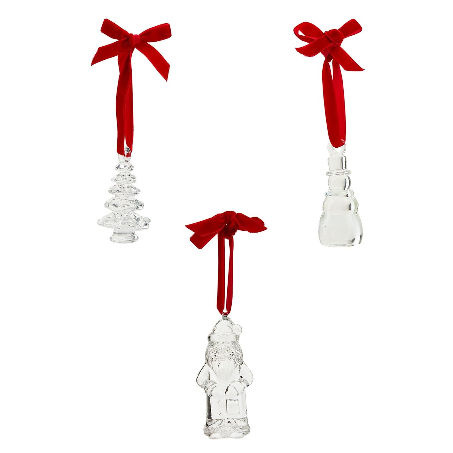 3 styles of glass ornaments shown on a white background.