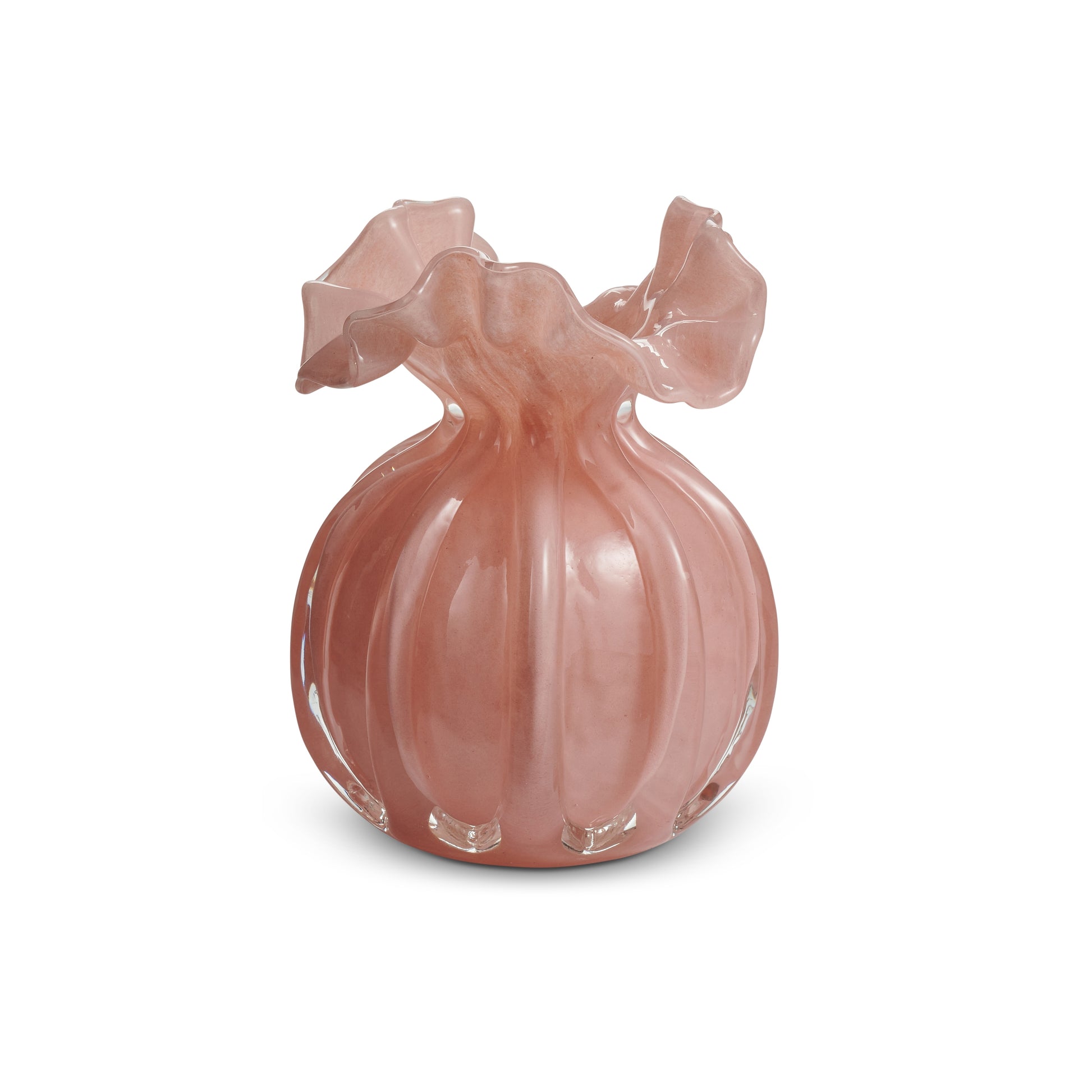pale pink glass vase with open ruffle edge