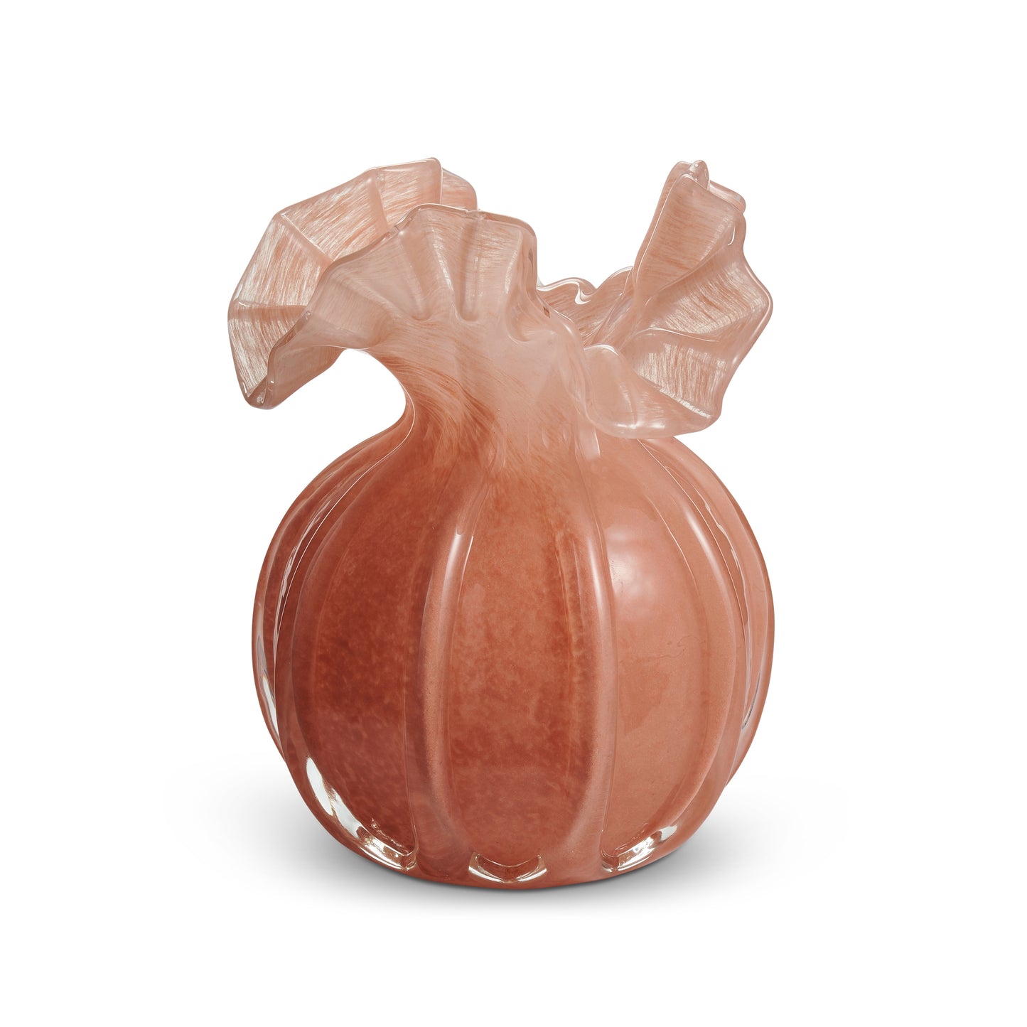 coral glass vase with open ruffle edge