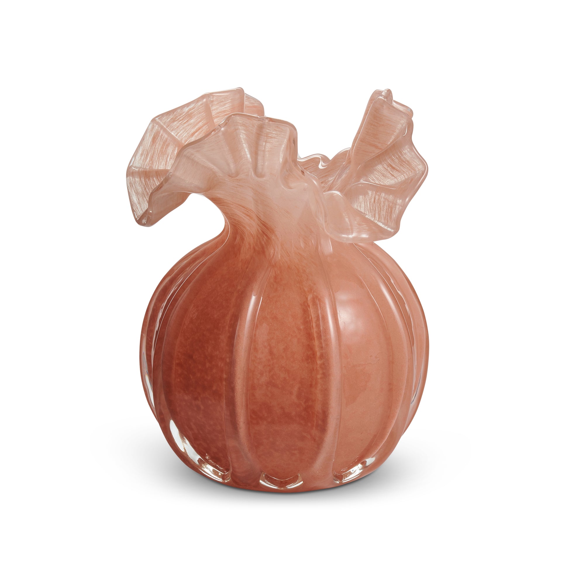 coral glass vase with open ruffle edge