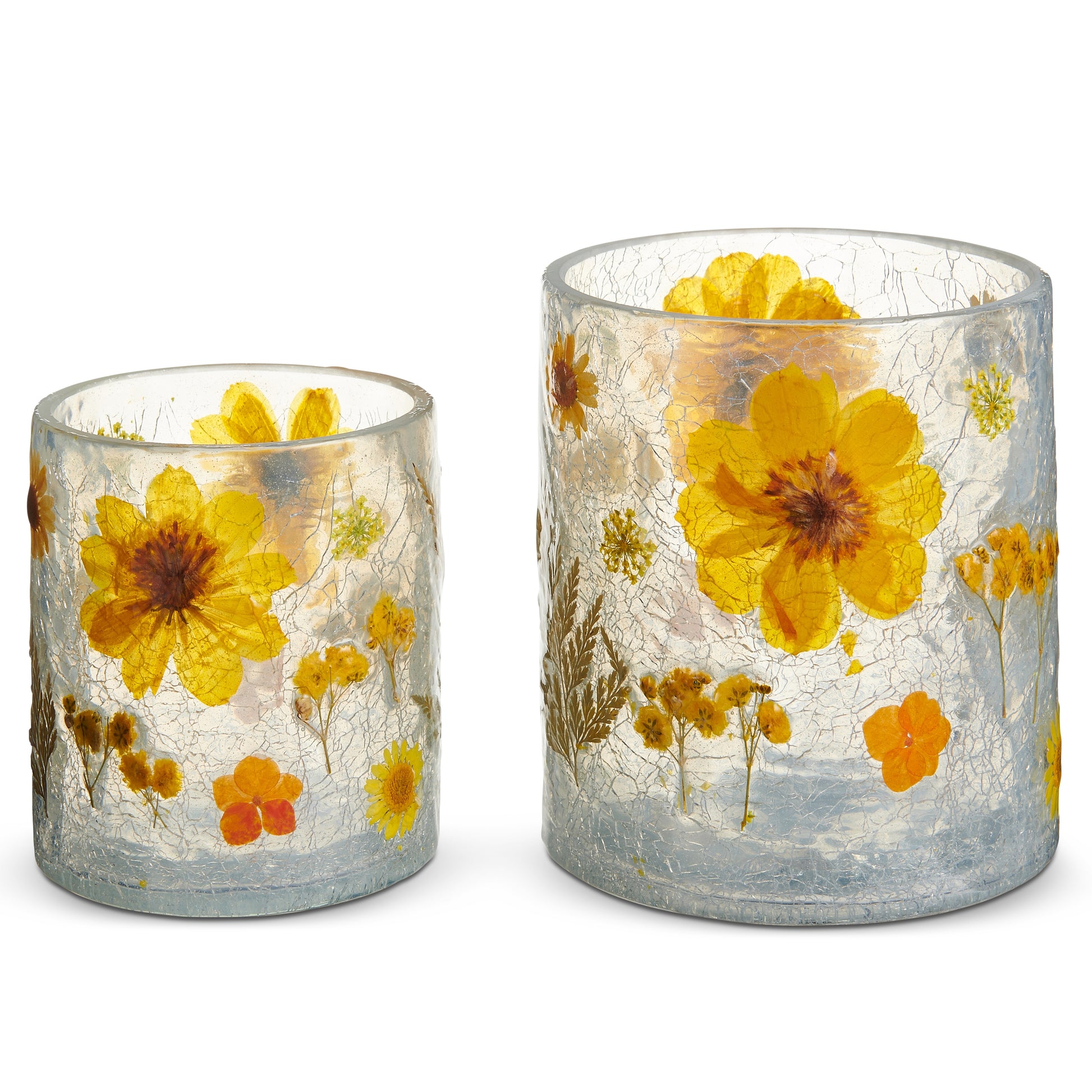 1 small and 1 large clear glass jar covered in pressed buttercup flowers