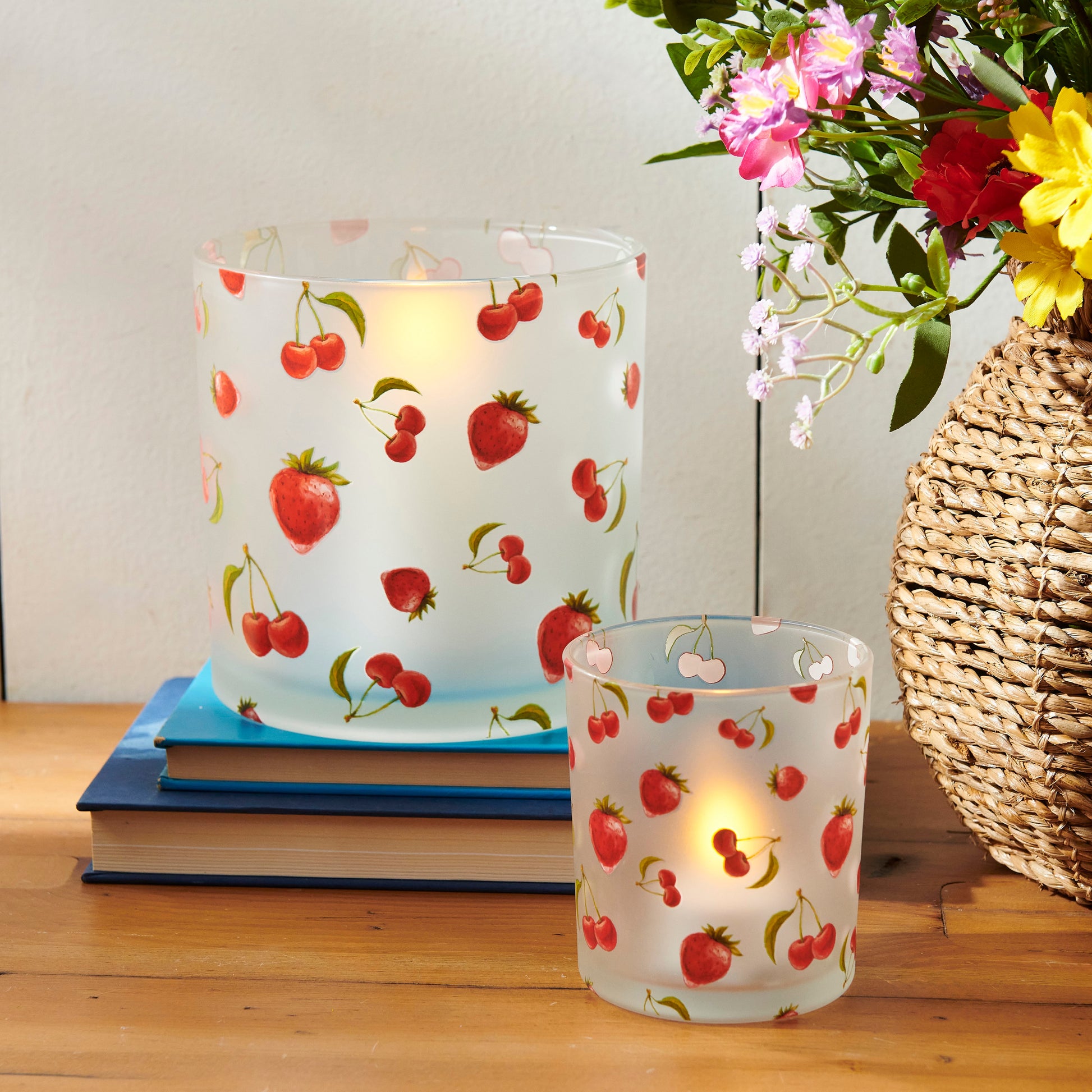 strawberry containers in a decorated setting