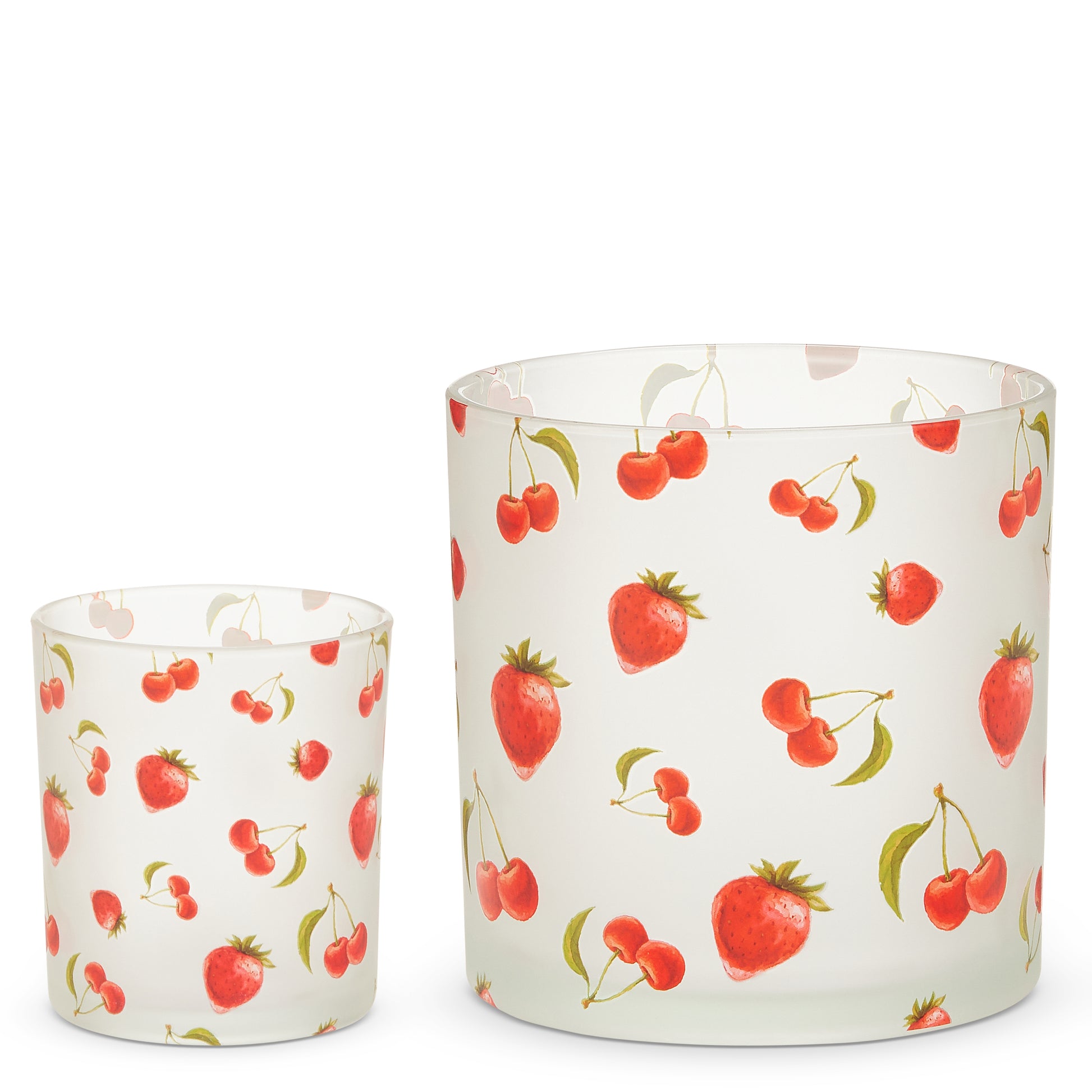 1 small and 1 large frosted glass jar covered in strawberries and cherries