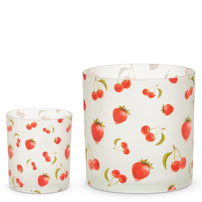 1 small and 1 large frosted glass jar covered in strawberries and cherries