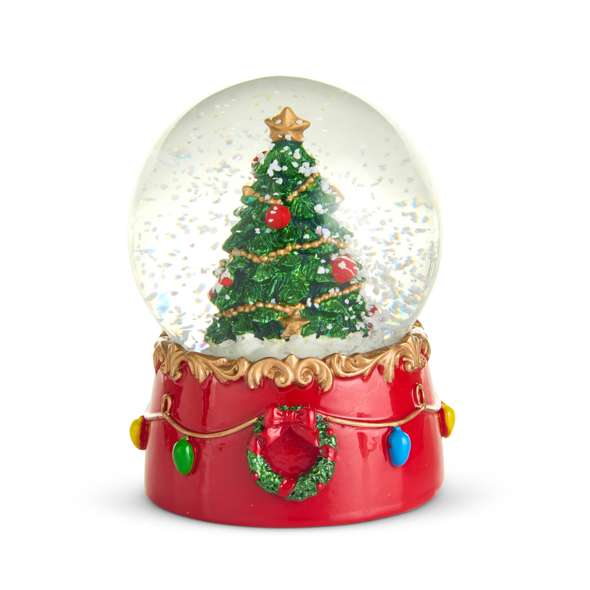 Mini Snow Globe with decorated christmas tree inside of dome. dome is set on a red base with wreath and lights painted on it 