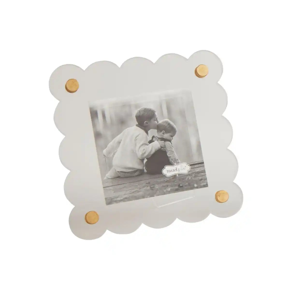 square acrylic photo frame with black and white image of two children in it