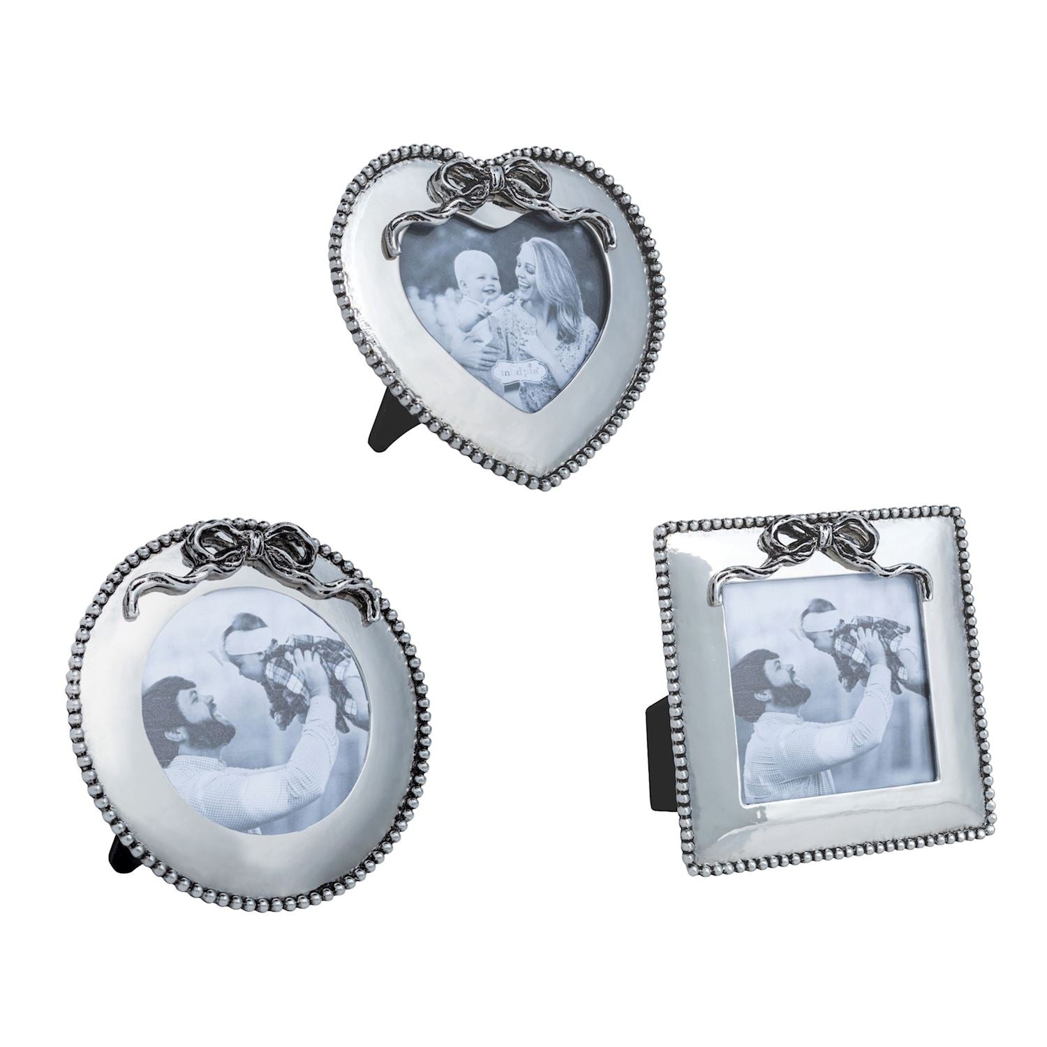 metal frame with bow in the shape of a heart, circle, and a square