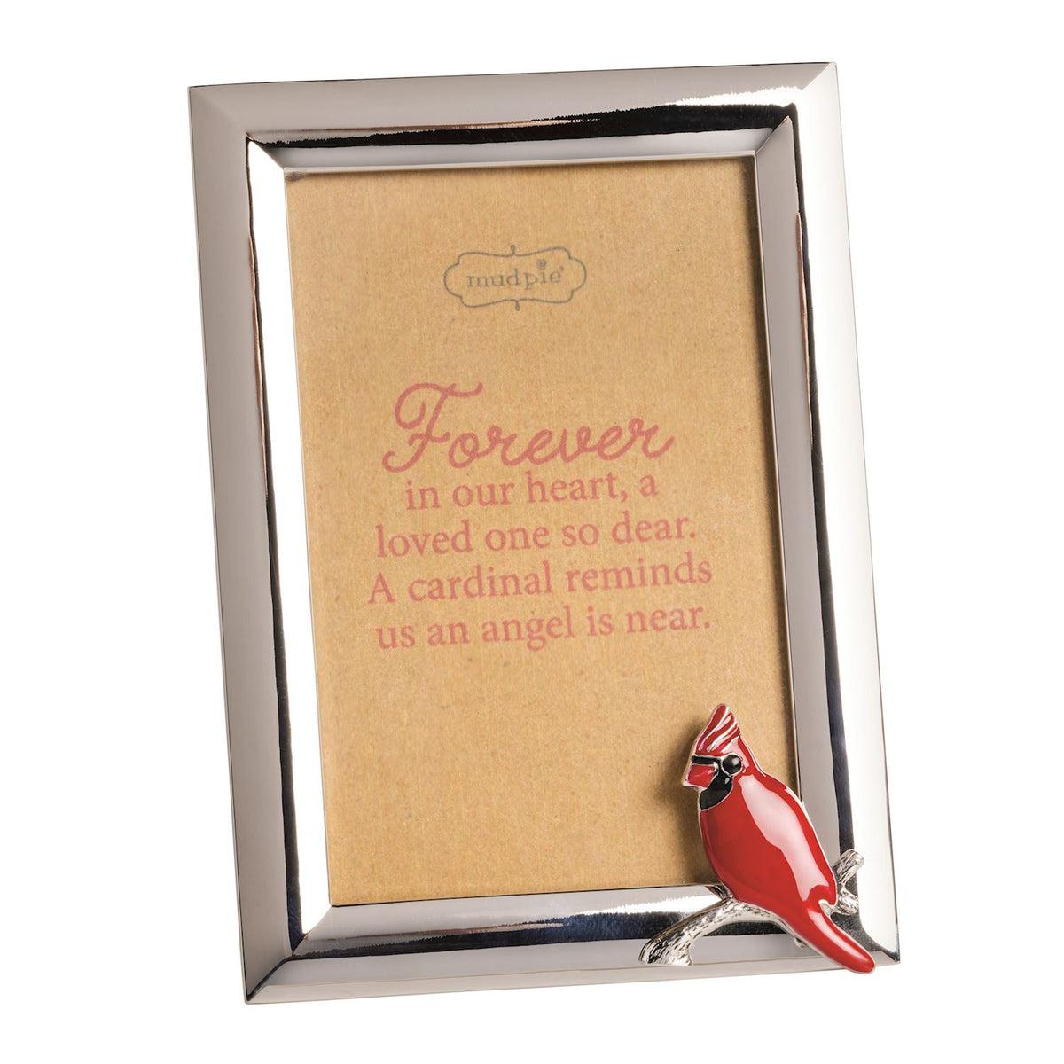 silver photo frame with red cardinal on  bottom right corner