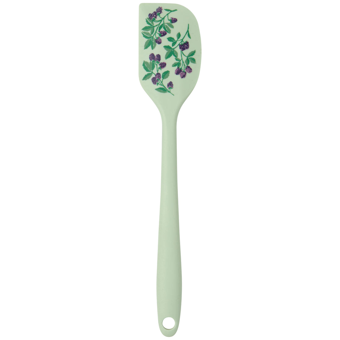 light green silicone spatula with blackberry sprig on it