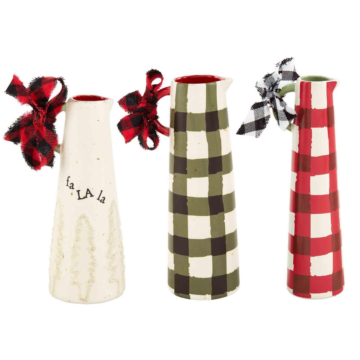 all three lodge bud vases with buffalo plaid bows on the handles and displayed against a white background