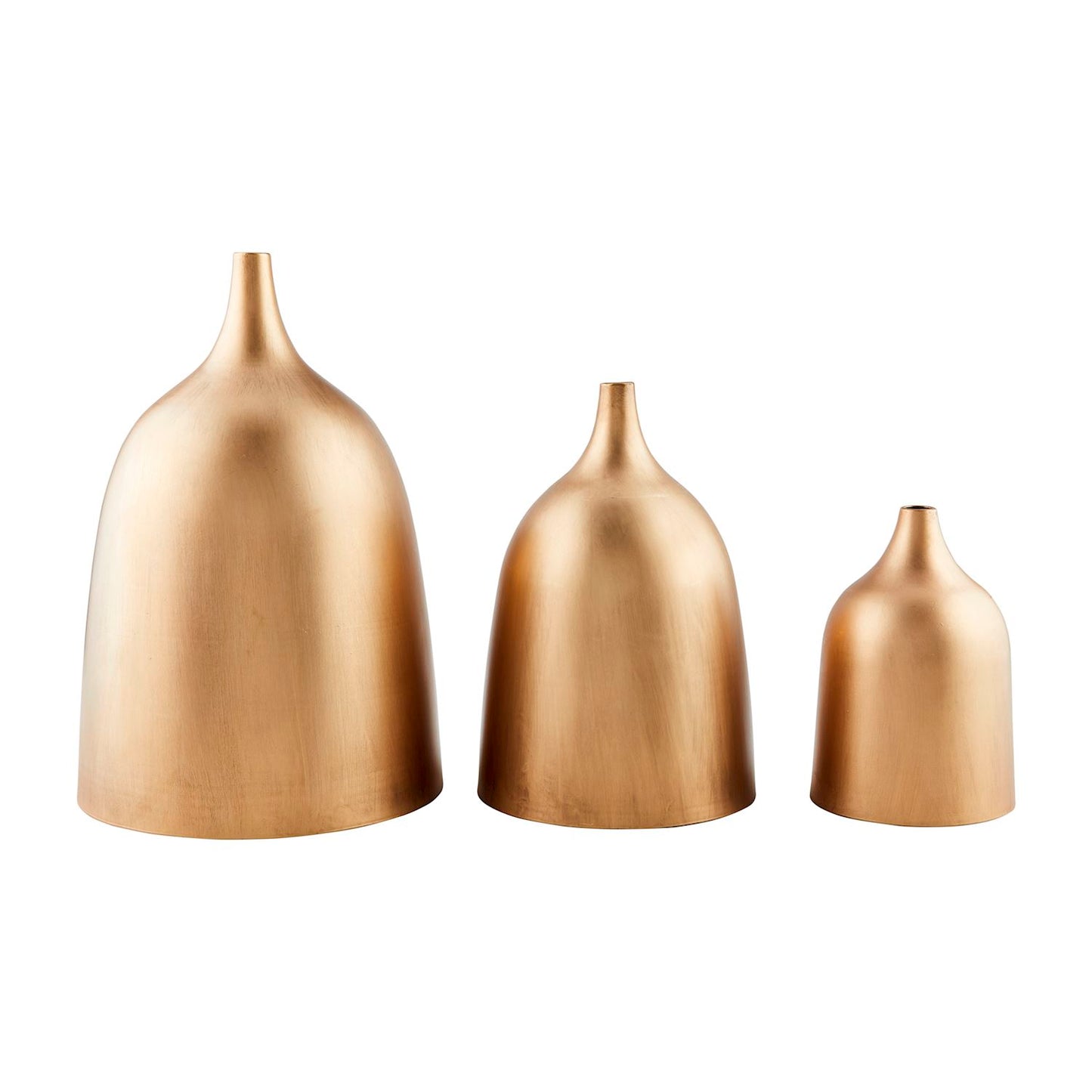 3 sizes of Brass Vases in a row on a white background