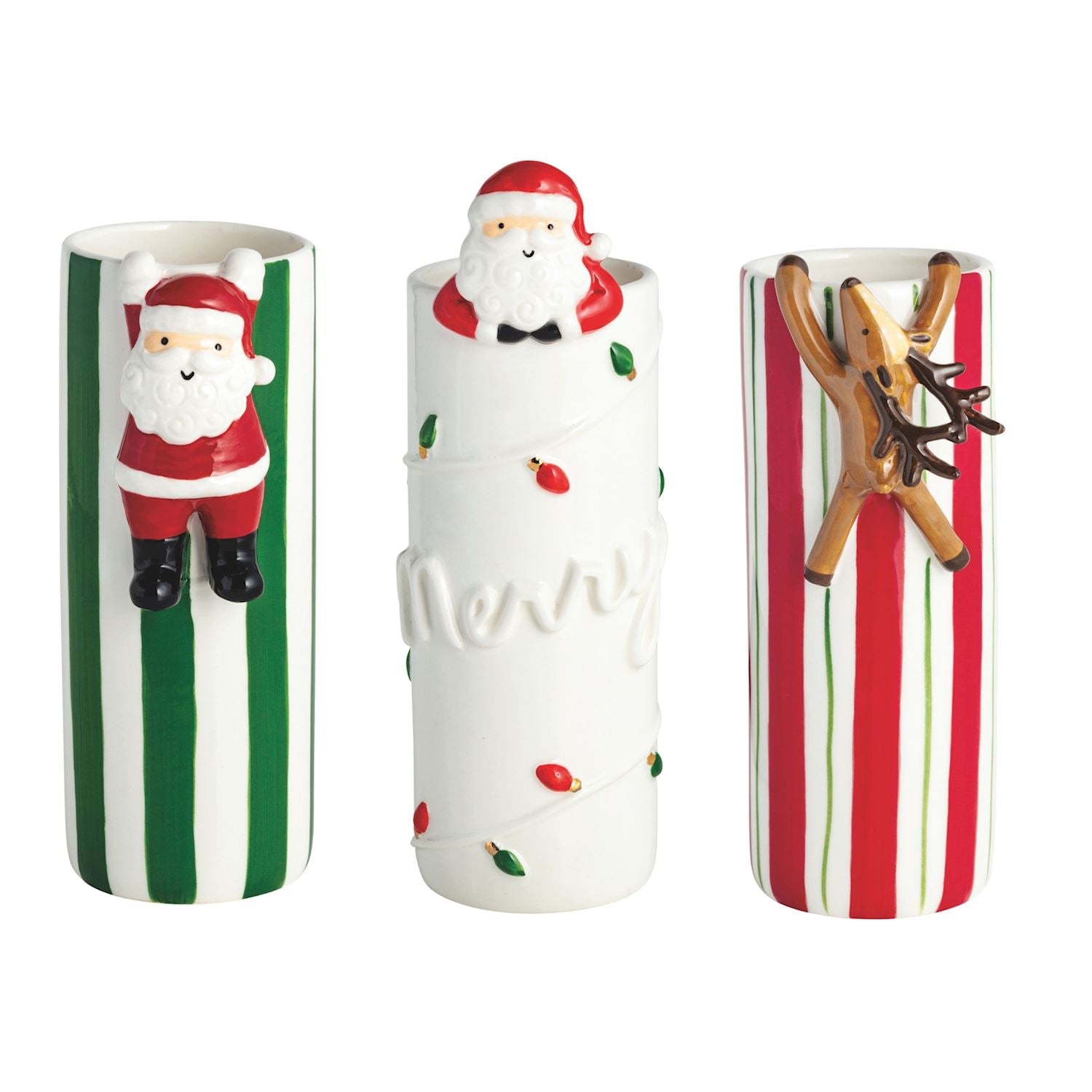 three Christmas-themed vase with Santa Claus, reindeer, and striped designs on a white background.