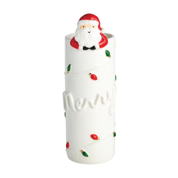 vase with christmas light design wrapped around it, "merry" in raised text and a Santa figure peeking over the rim