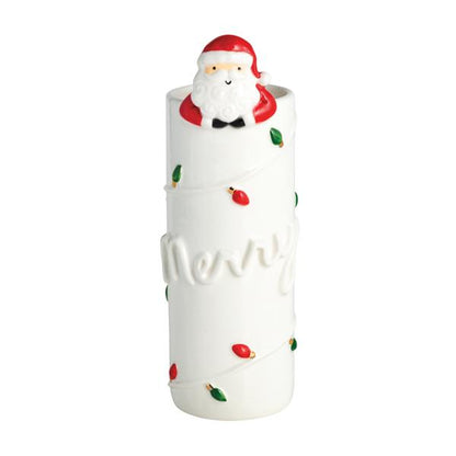 vase with christmas light design wrapped around it, "merry" in raised text and a Santa figure peeking over the rim