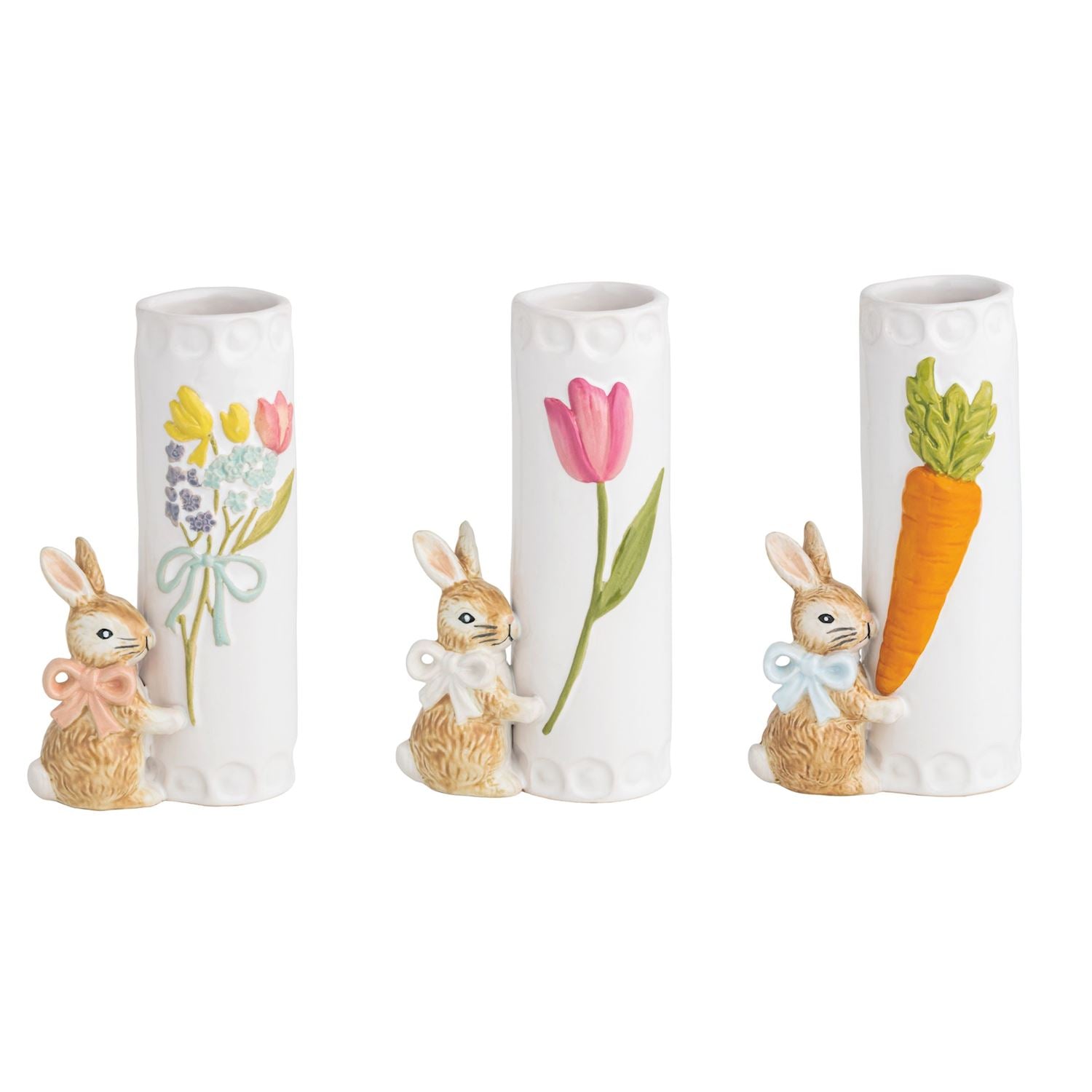 Decorative vases with rabbit and floral designs on a white background