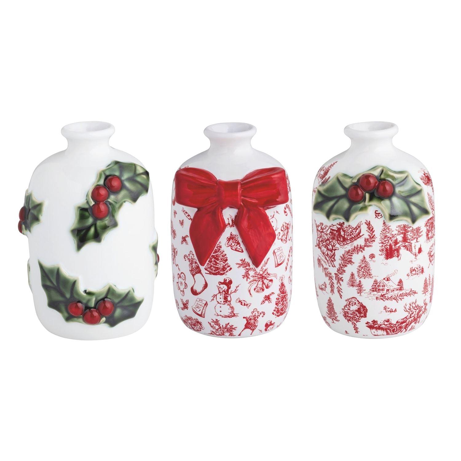  3 white vases with holly or toile designs in a row on a white background