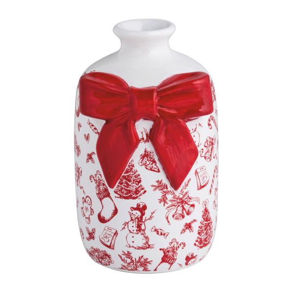 red and white Toile Bud Vase with red bow on it