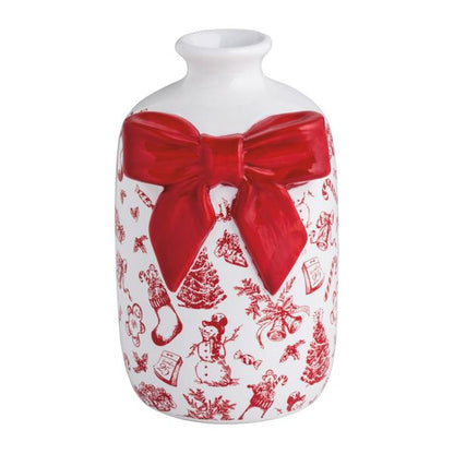 red and white Toile Bud Vase with red bow on it