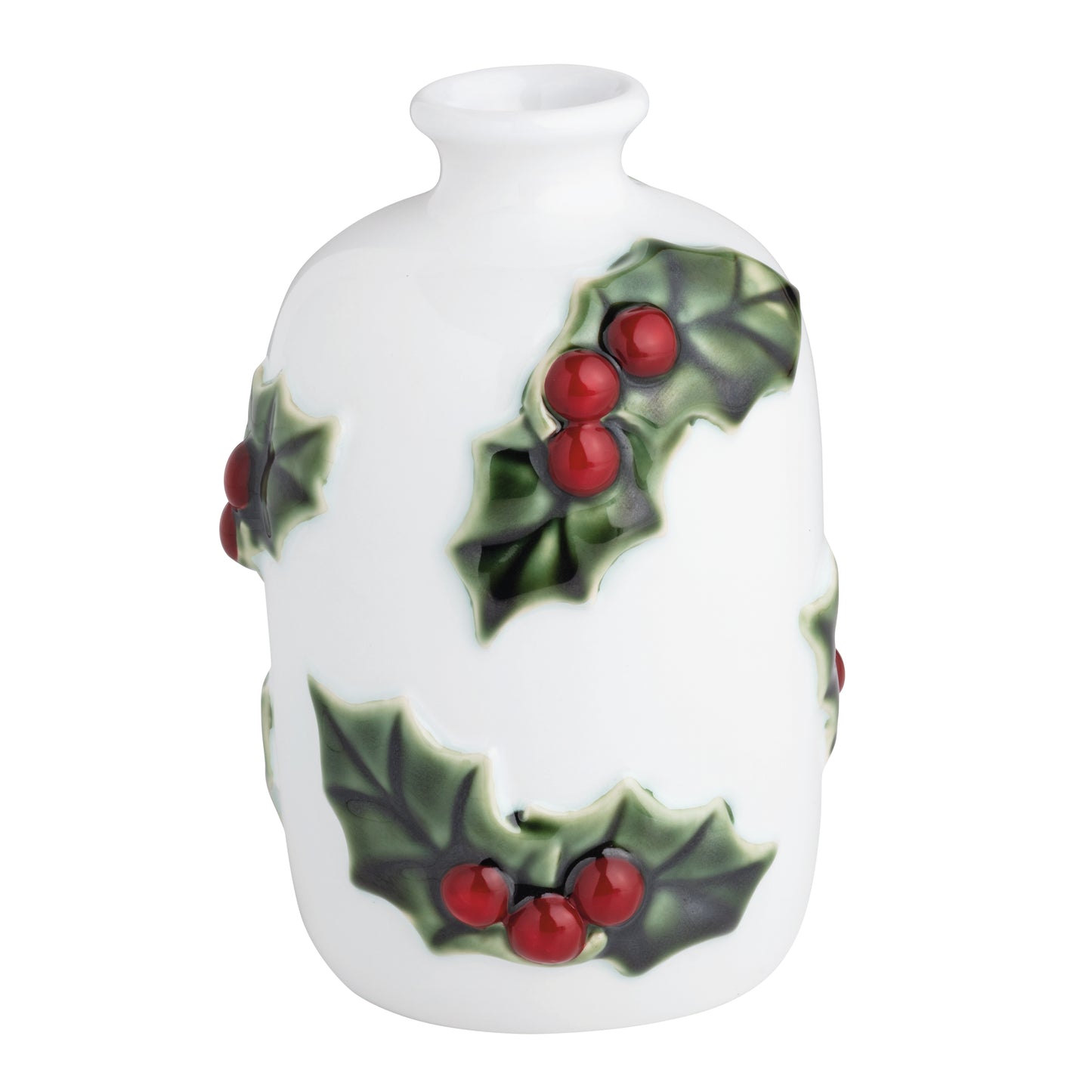 white bud vase with holly sprigs on it