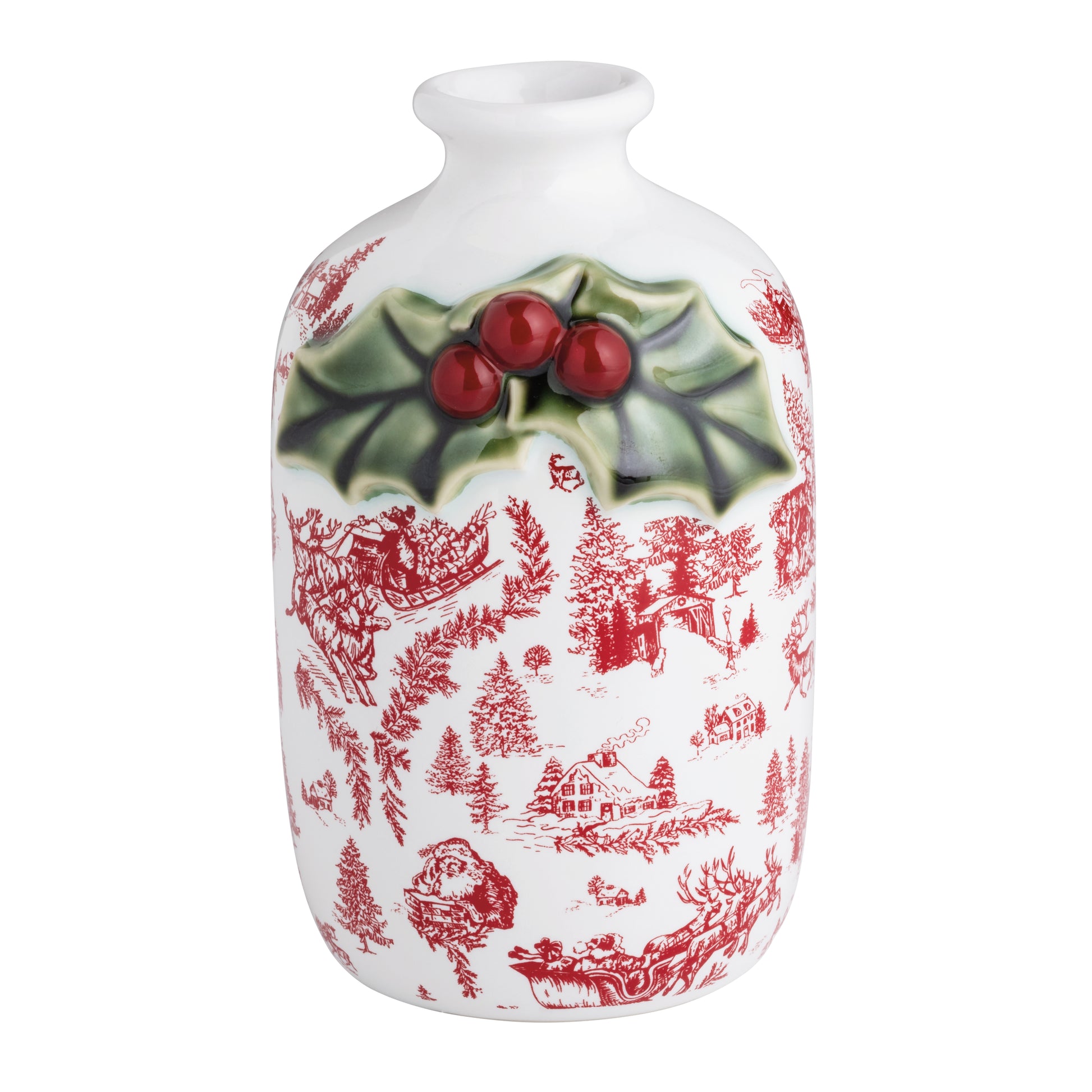 red and white Toile Bud Vase with holly sprig on it