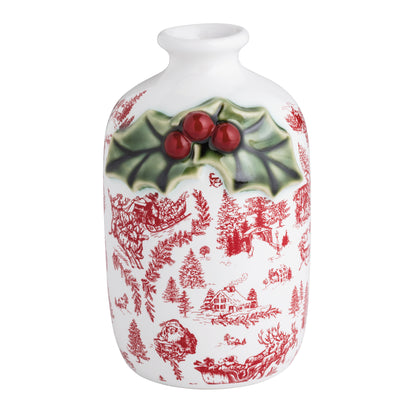 red and white Toile Bud Vase with holly sprig on it