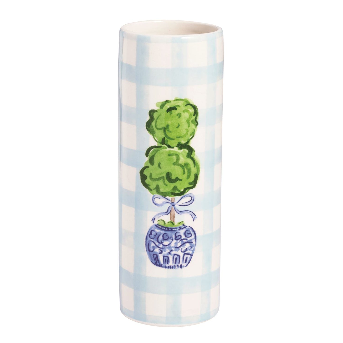 Decorative vase with green topiary design on a white and blue checkered background