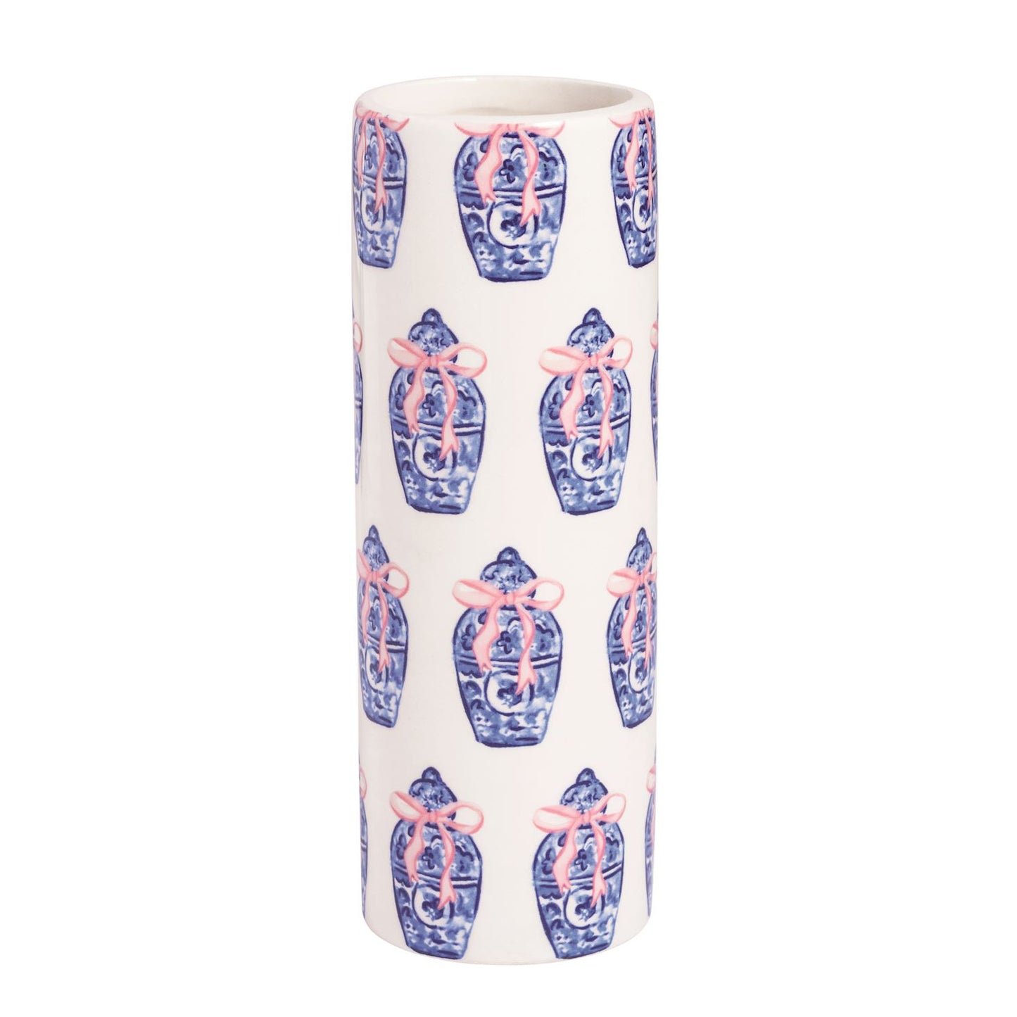 Tall cylindrical vase with blue ginger jar pattern on a white background