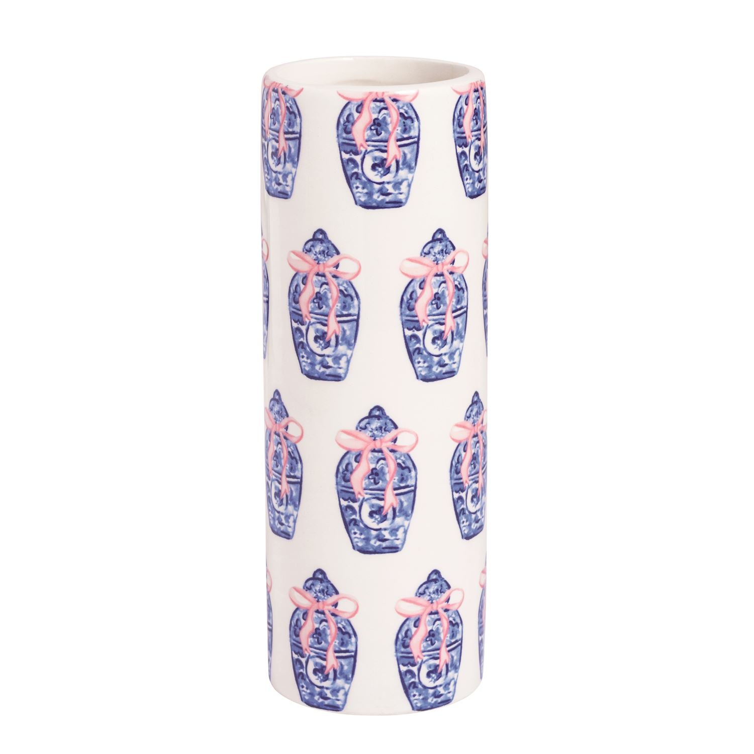 Tall cylindrical vase with blue ginger jar pattern on a white background