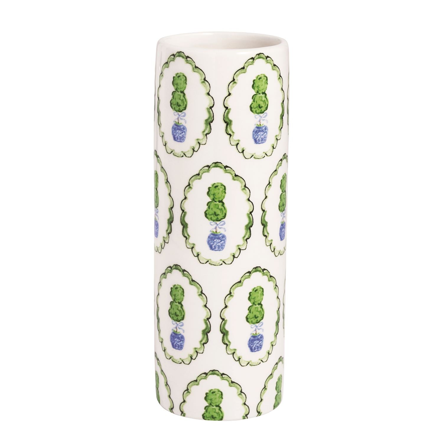 Cylindrical vase with decorative green and blue topiary patterns on a white background