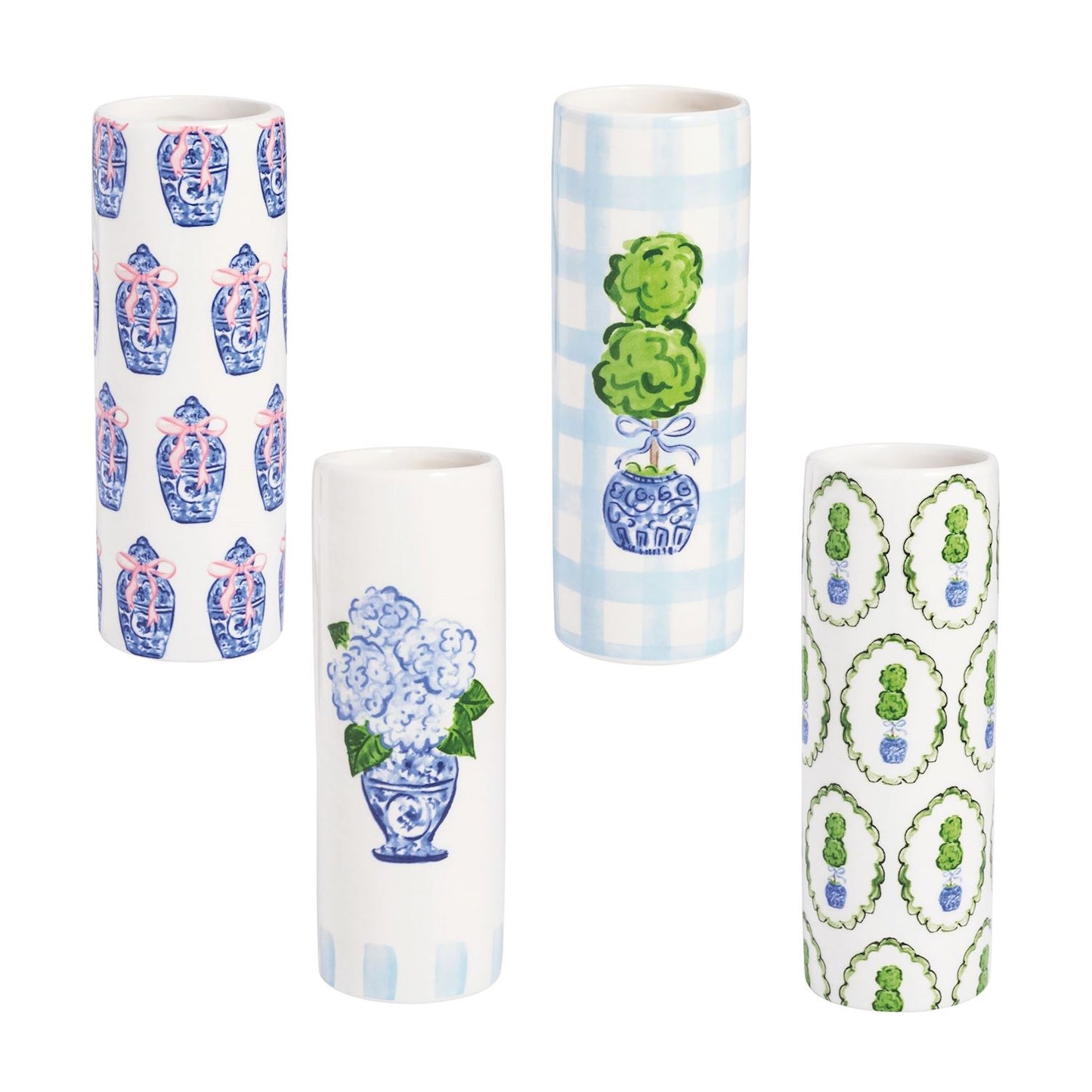 four decorative vases with various blue and white patterns on a white background