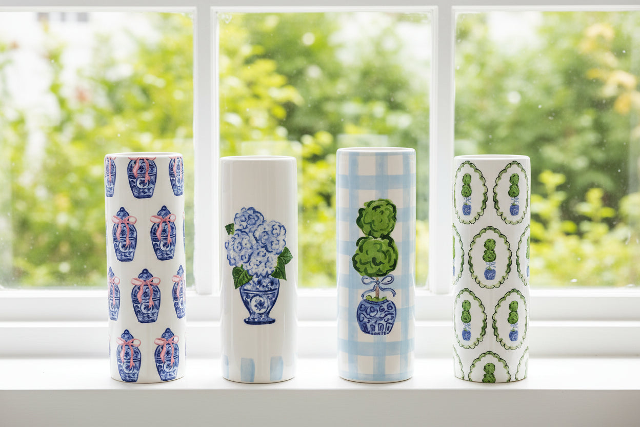 four decorative vases with various blue and white patterns on a white window sill with greenery outside 