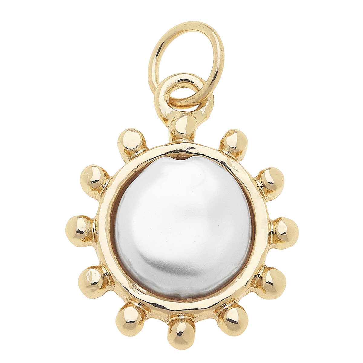 Gold pendant with a central pearl on a white background