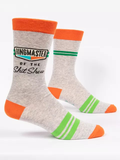 side view of ringmaster socks on a white background.