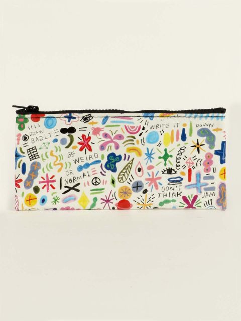 Doodle Party Pencil Case has sketches all over, black zipper, and displayed against a white background