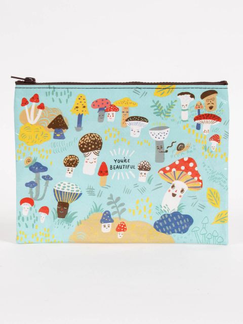 light blue Cute Lil Mushrooms Zipper Pouch with mushrooms all over, brown zipper displayed against a white background