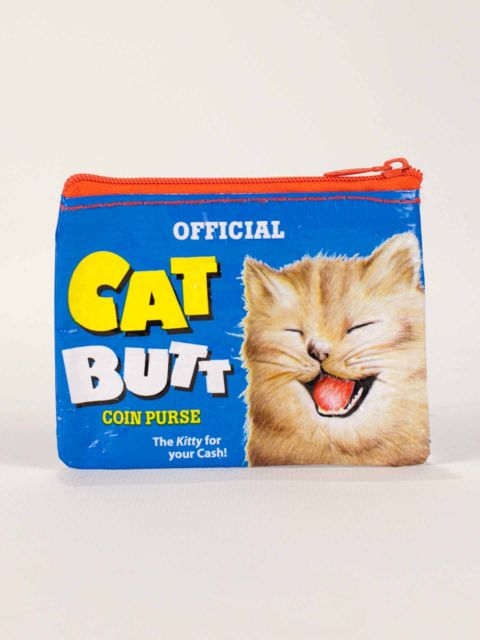 front of Cat Butts Coin Purse is blue with orange zipper and a cat laughing and displayed against a white background