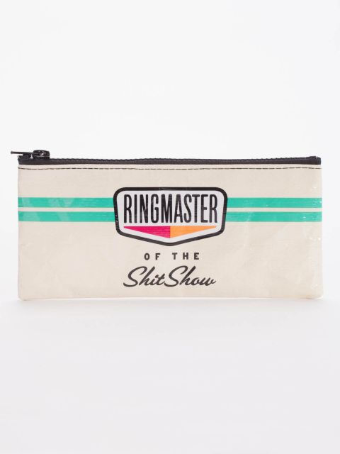 Ringmaster Shitshow Pencil Case is white with turquoise stripe, black zipper, and displayed against a white background