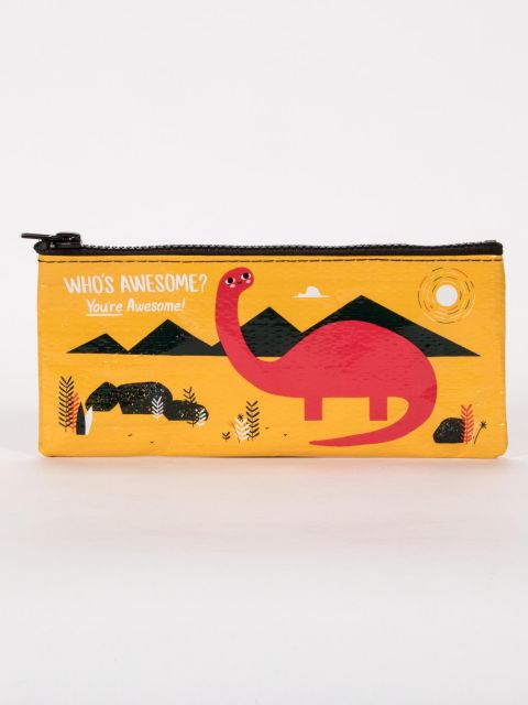 Who's Awesome? Pencil Case is yellow with illustration of a dinosaur, black zipper, and displayed against a white background