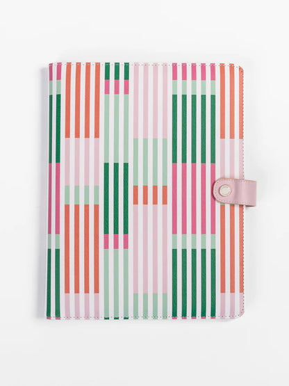 folio with vertical lines in shades of pinks, greens, and orange.