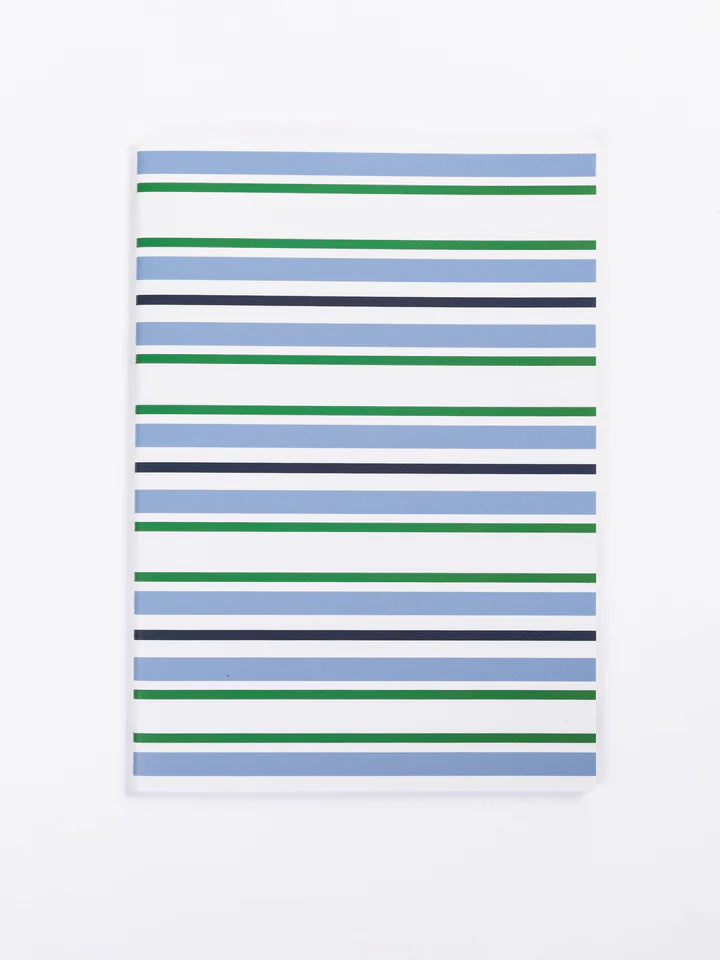 blue and green stripe notebook on a white background.