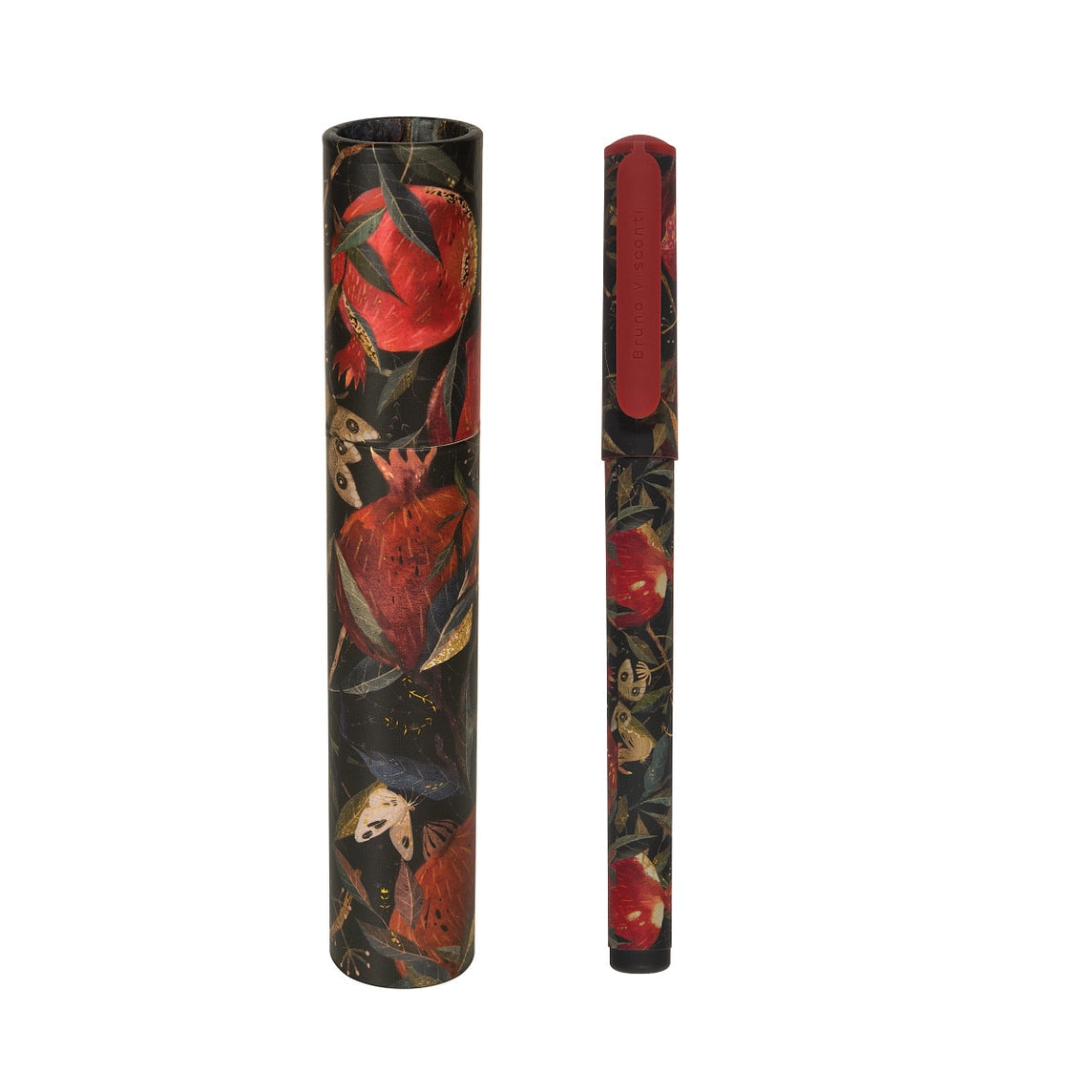 Decorative pen with floral design and red accents on a white background