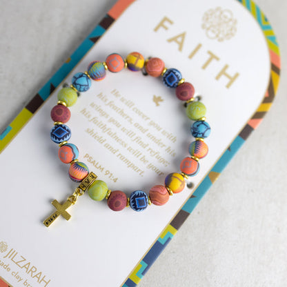 multi faith bracelet with gold cross on card packaging.