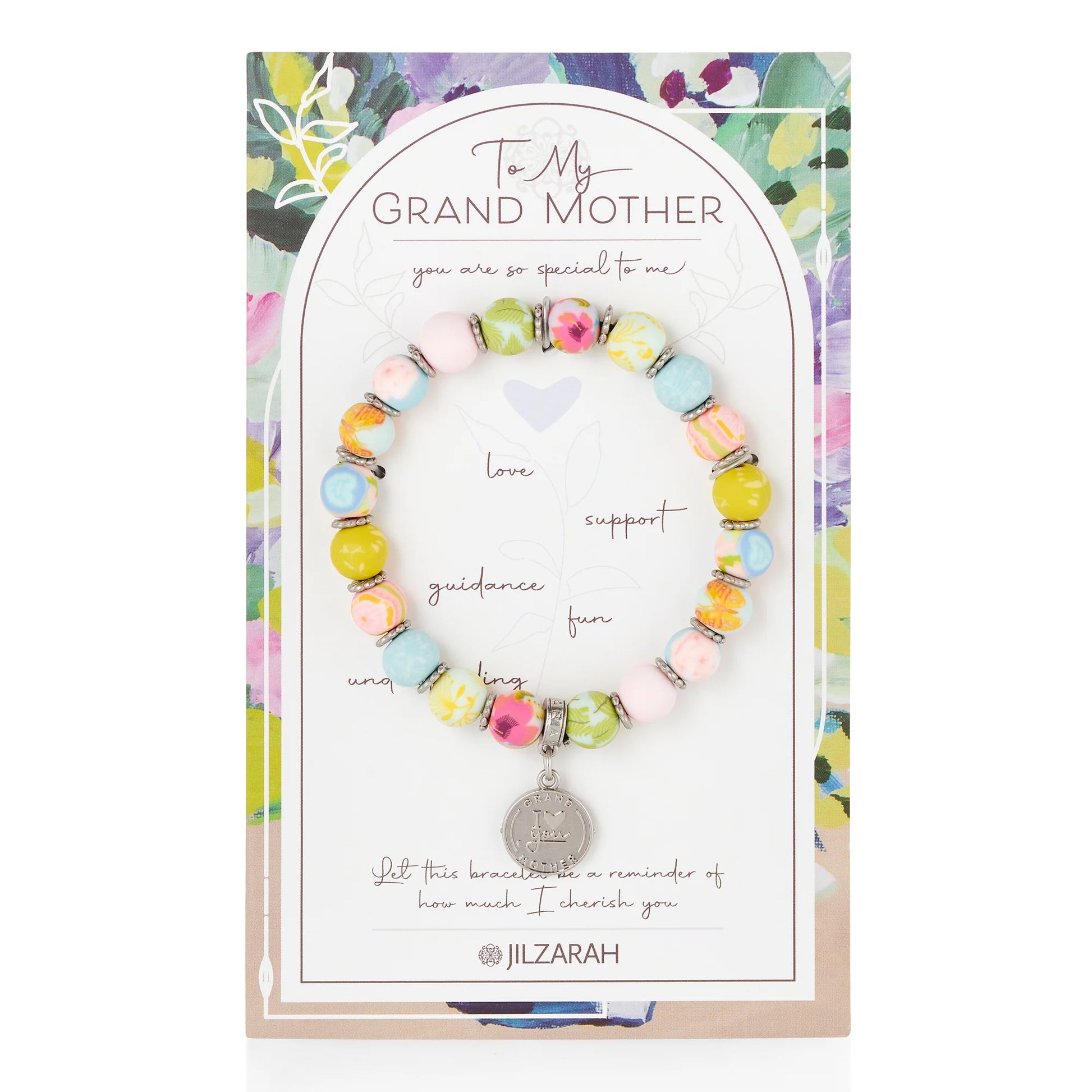 grandmother bracelet on card packaging.